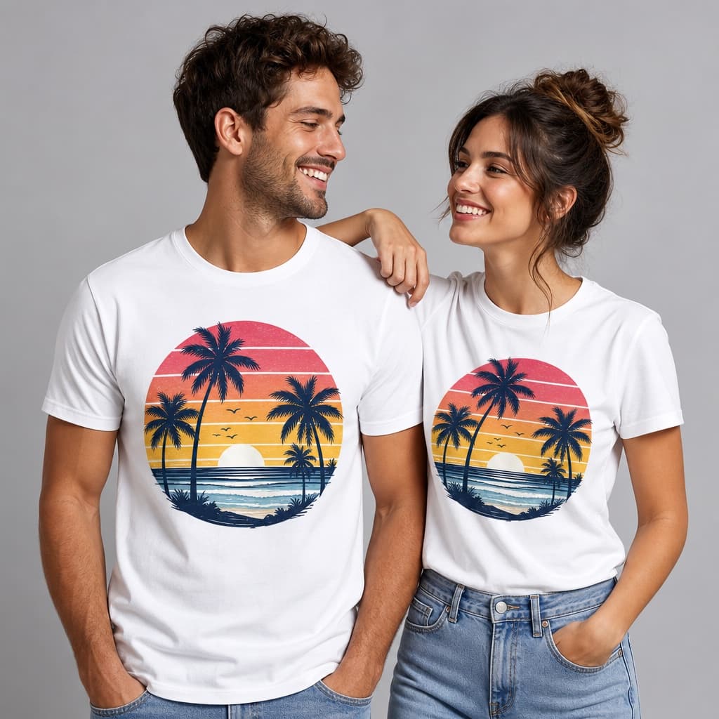 Couple wearing matching custom graphic t-shirts