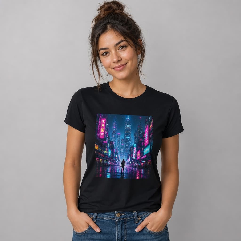 Custom graphic tee with bold neon cityscape design