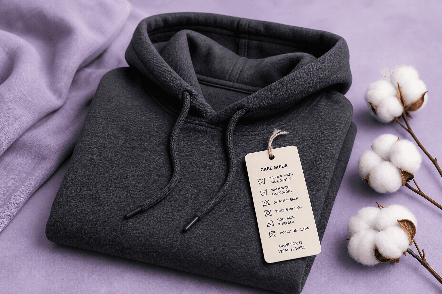 Folded charcoal custom hoodie with care tag and soft studio styling