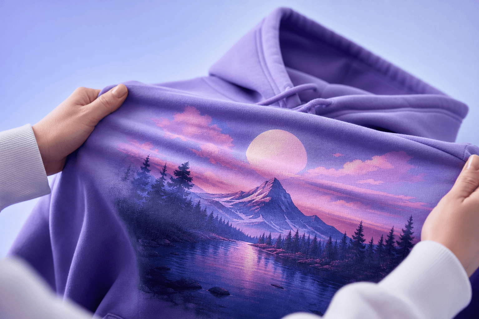 Hands stretching a soft custom printed hoodie to show breathable fleece and DTG print quality