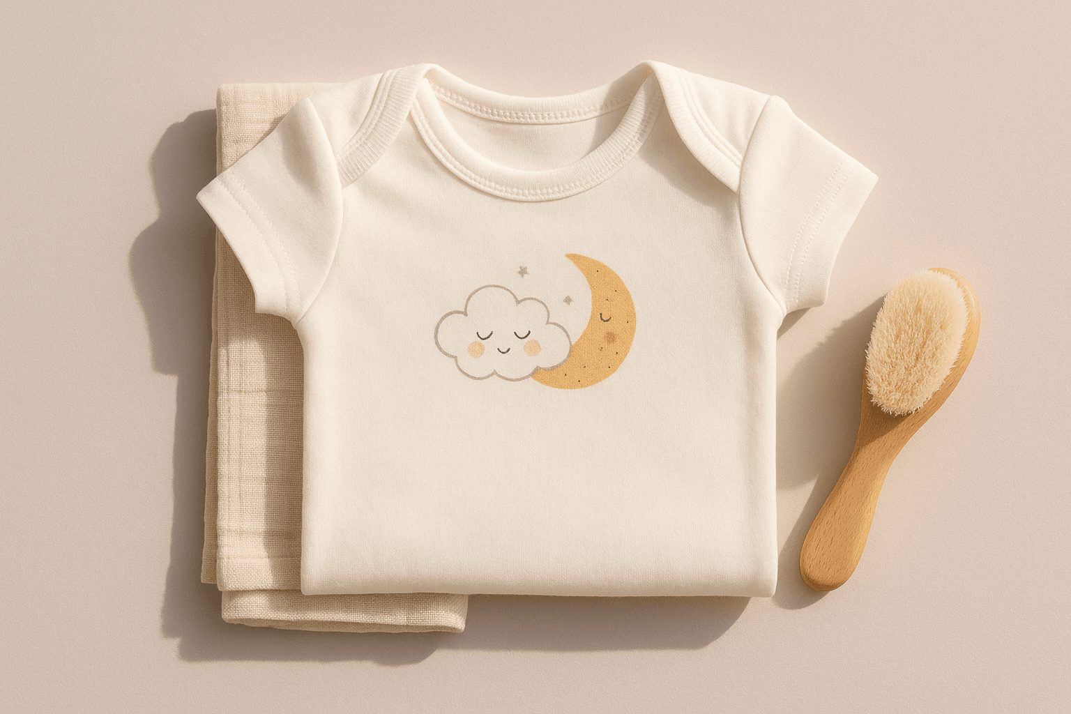 Folded custom infant onesie with care styling in soft studio light