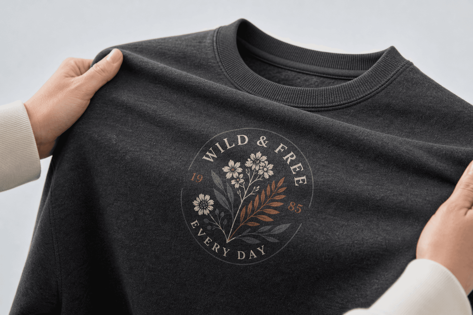 Hands stretching a soft custom printed sweatshirt to show breathable fleece and DTG print quality