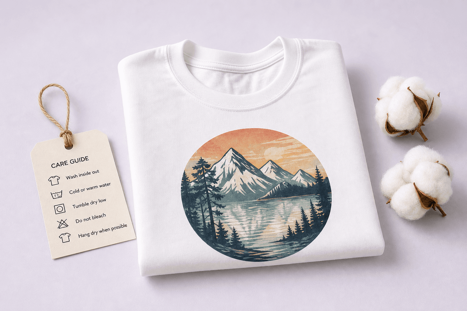 Folded white custom tee with mountain print beside a care guide tag and cotton bolls