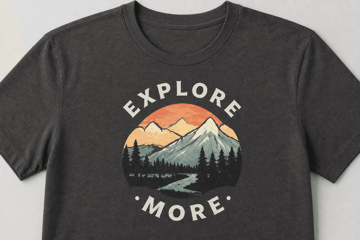 Custom tee with Explore More sunset badge artwork