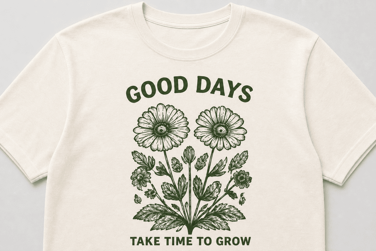 Custom tee with botanical Good Days artwork