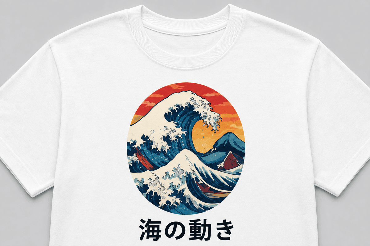 Custom tee with Ocean Motion wave artwork