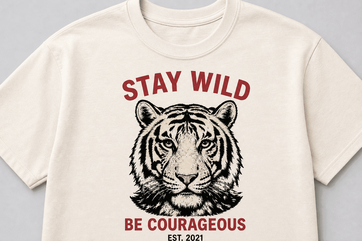 Custom tee with Stay Wild tiger artwork
