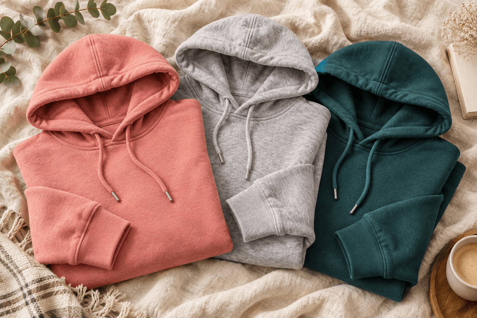 Pink, gray, and deep teal pullover hoodies