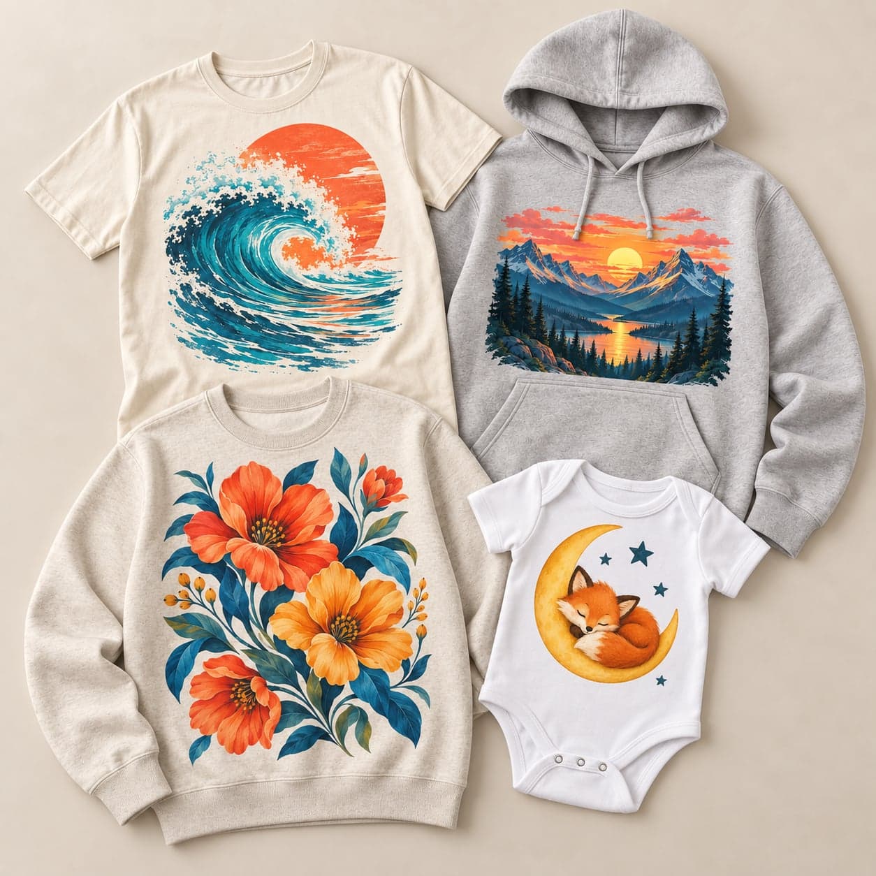 Colorful custom apparel: a wave T-shirt, mountain hoodie, floral sweatshirt, and fox-and-moon baby onesie.