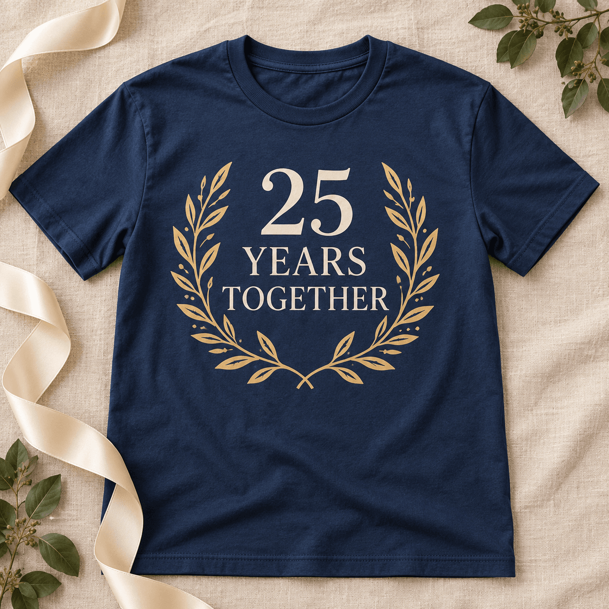 Navy anniversary shirt with cream and muted gold botanical artwork and 25 Years Together lettering.