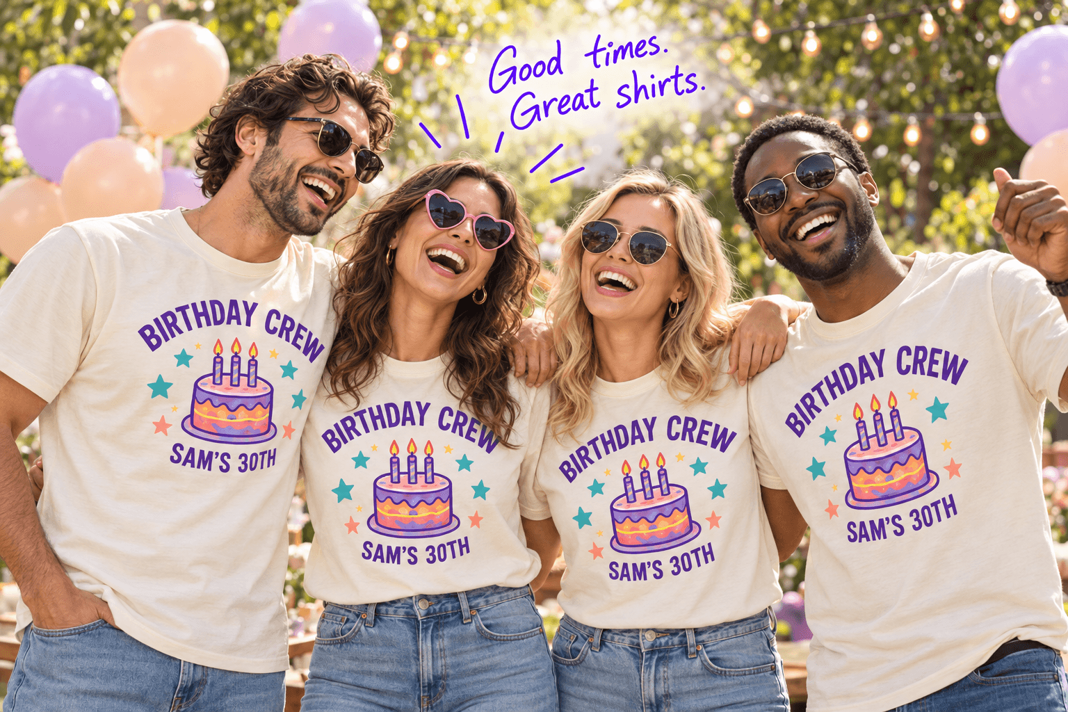 Four friends wearing matching cream Birthday Crew shirts with a cake-and-stars design at a garden birthday party.