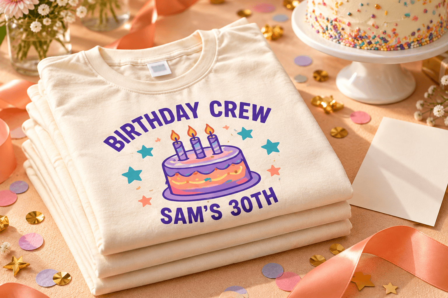 Folded cream Birthday Crew shirts on a party-preparation table beside peach ribbon and an invitation.