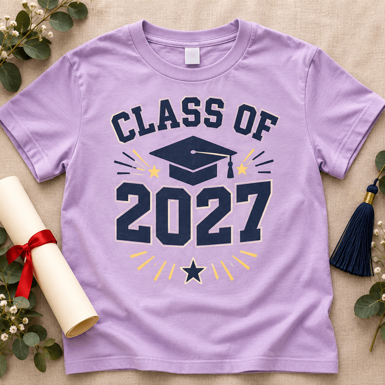Lilac Class of 2027 shirt with navy and cream collegiate lettering, a graduation cap, and a starburst.