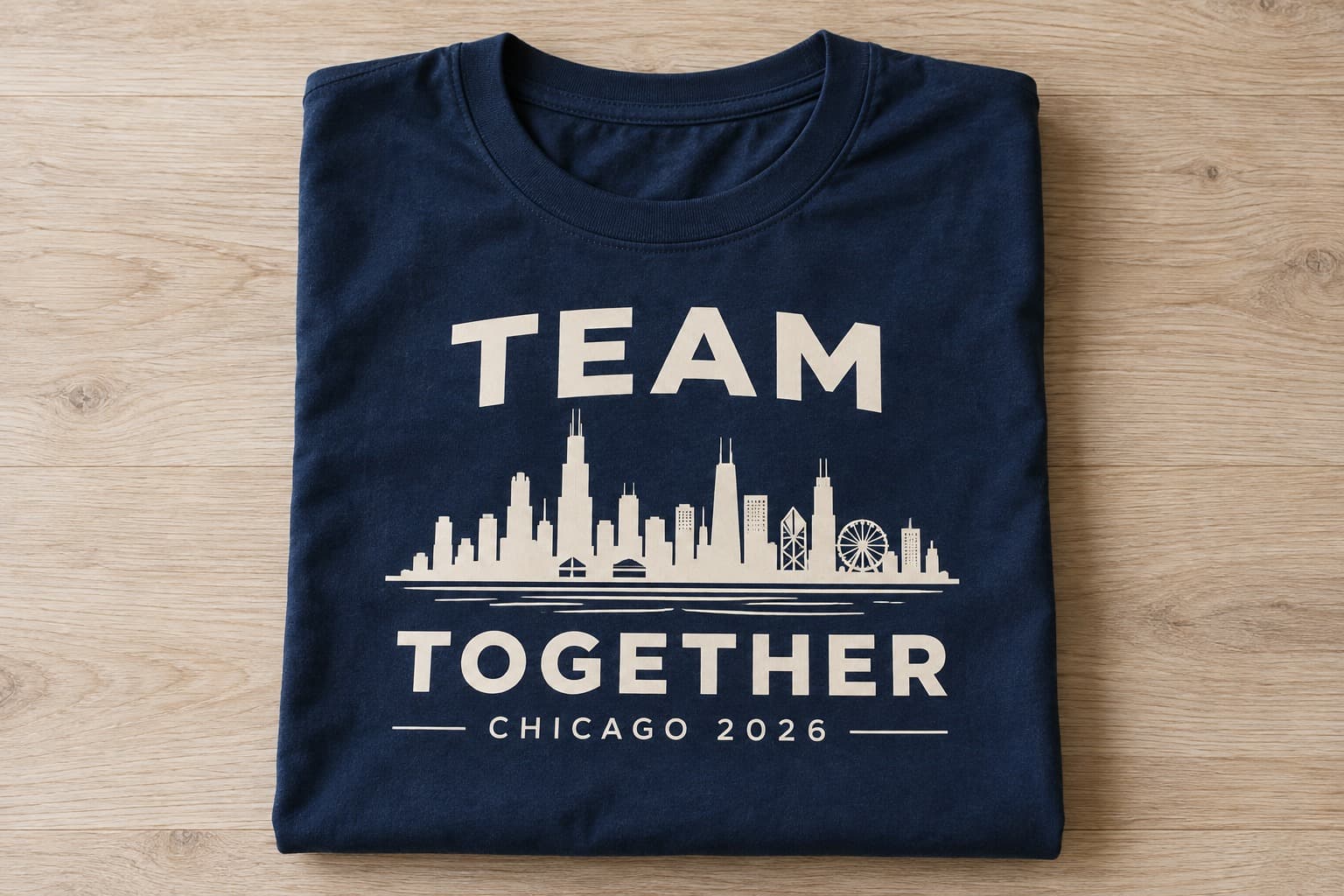 Folded navy shirt with a cream Chicago skyline and Team Together lettering.