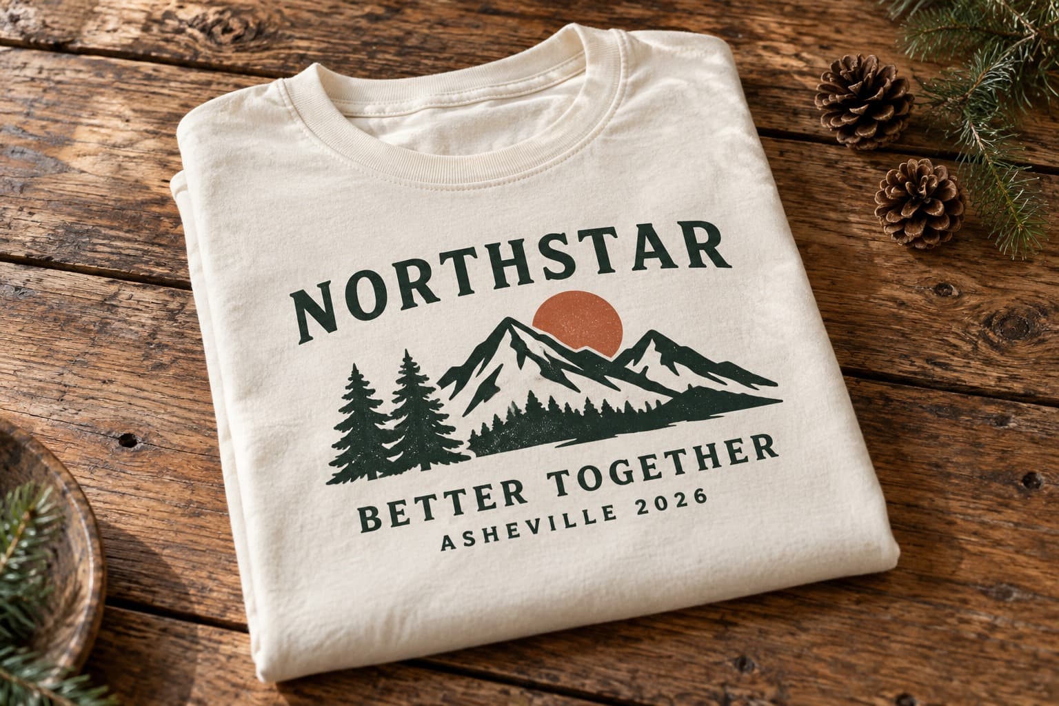 Folded cream Northstar retreat shirt with mountains, pine trees, and a rust-colored sun.