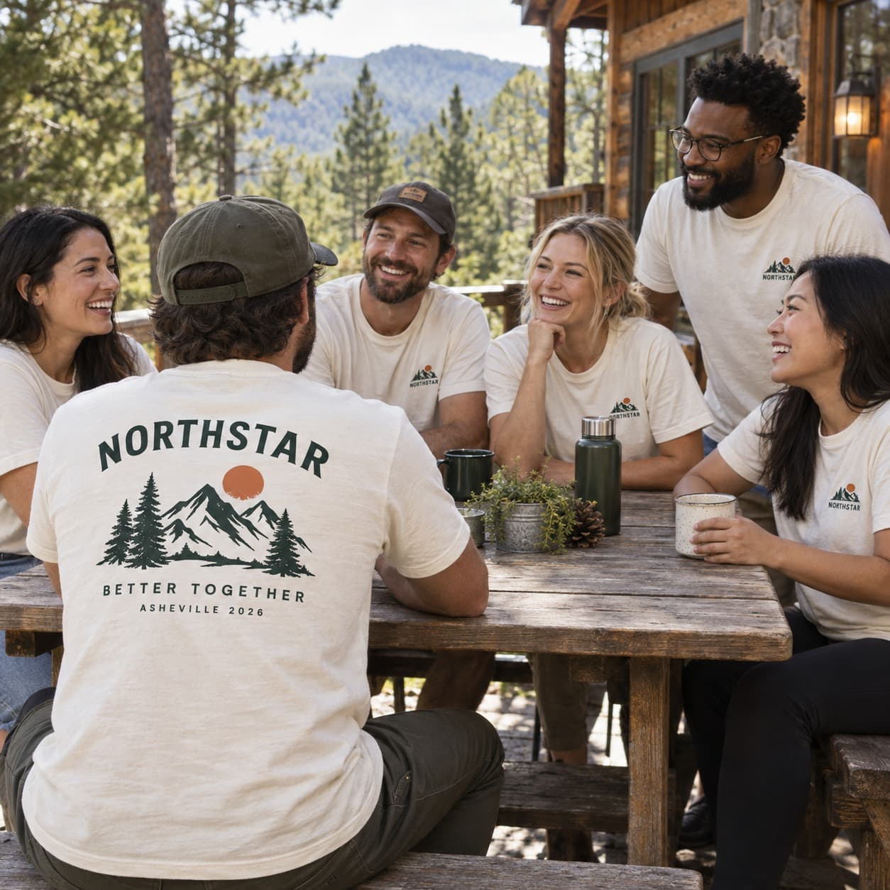 Six coworkers in matching cream Northstar retreat shirts gather at a mountain cabin, showing the mountain design on the back.