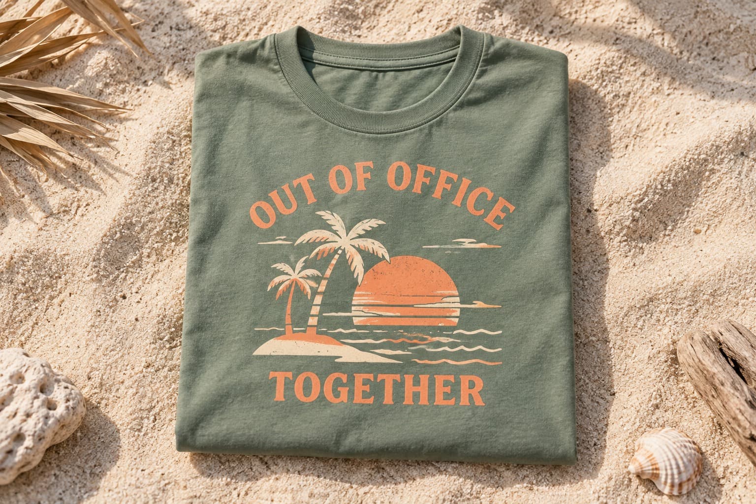 Folded sage shirt with a sunset, palm trees, and Out of Office Together lettering.