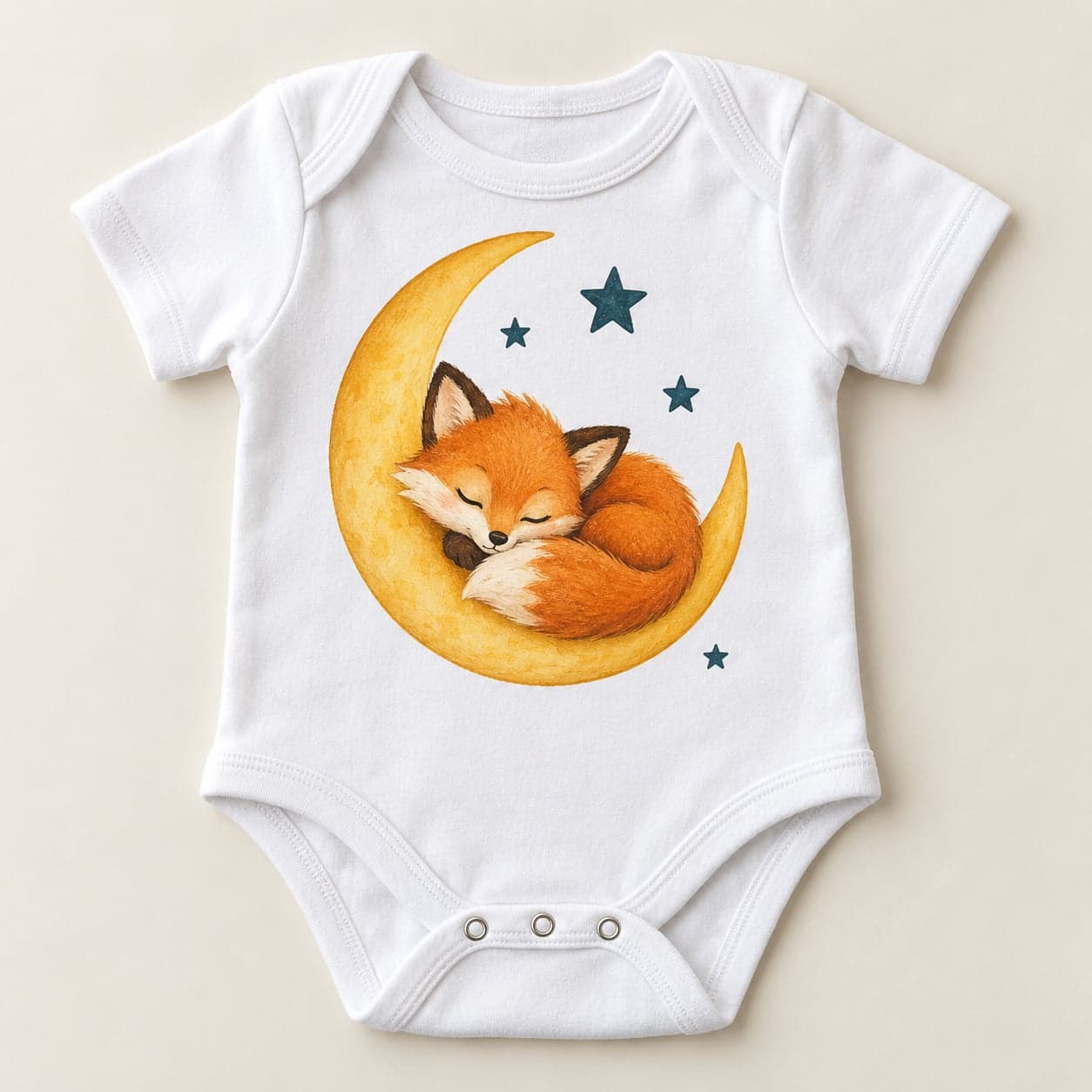 White baby onesie with an orange fox sleeping on a golden crescent moon surrounded by teal stars.