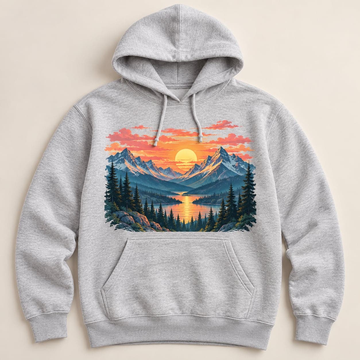 Light gray hoodie with a colorful sunset, mountain, and pine forest design above the pocket.