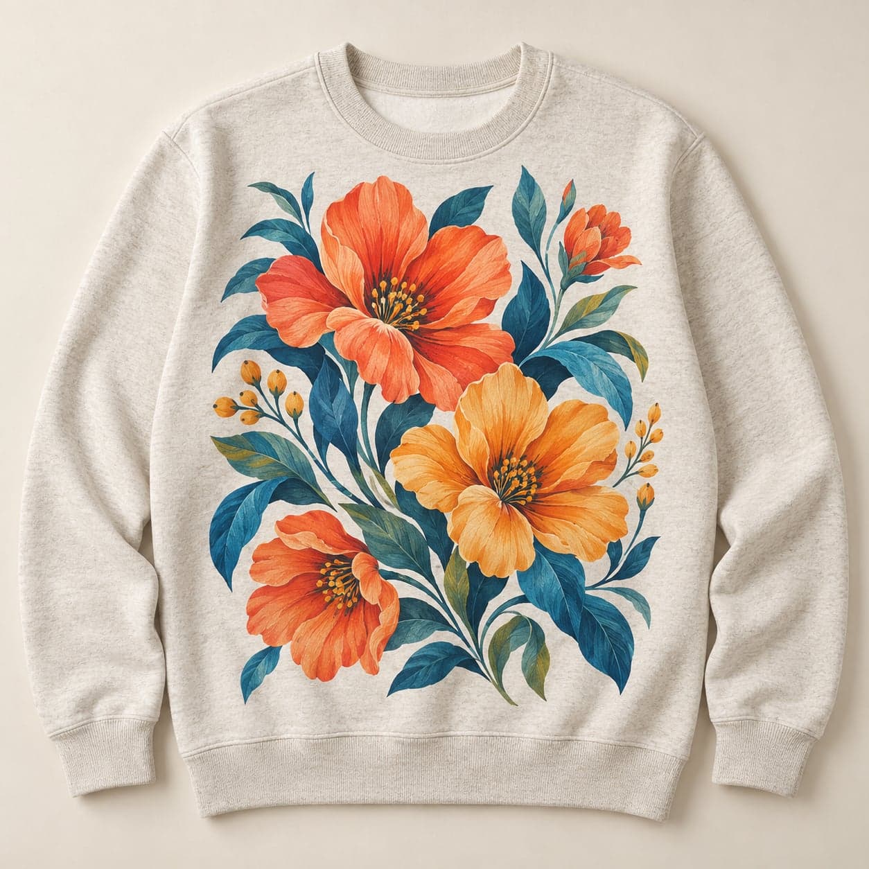Oatmeal crewneck sweatshirt with coral and golden flowers and teal leaves printed on the chest.