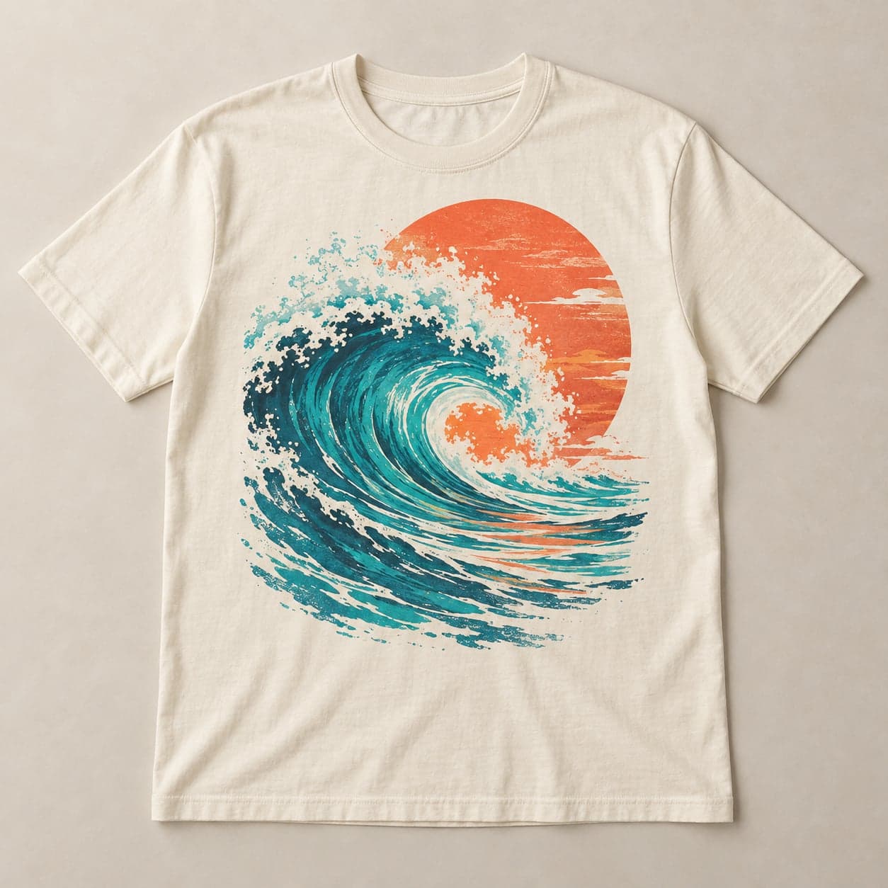 Cream T-shirt with a colorful turquoise wave and coral sun printed on the chest.