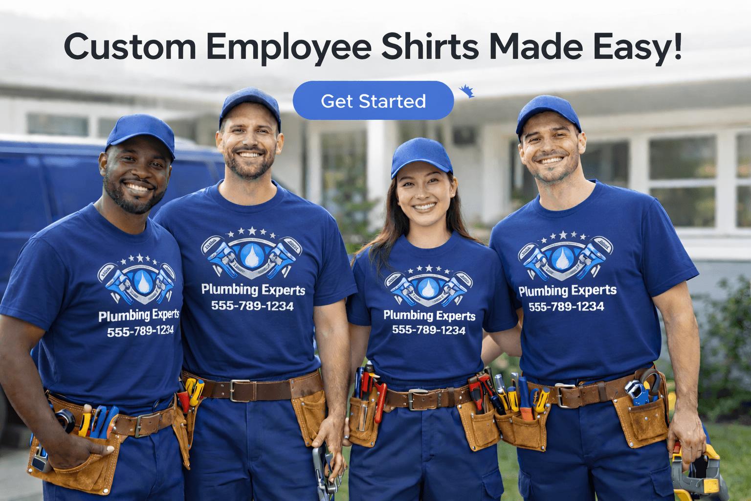 Team of professionals in matching custom company shirts and caps, representing employee uniform orders.