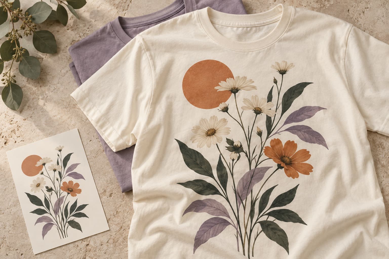 A cream T-shirt with an orange sun and botanical floral design, laid over a lavender tee beside a matching art print.