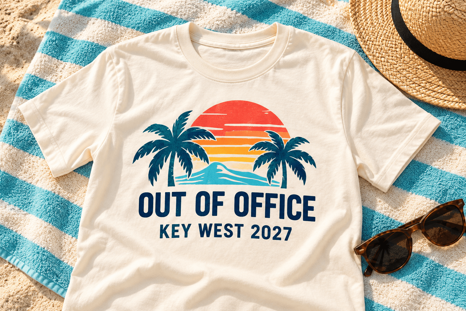Cream vacation shirt with an Out of Office palm-tree sunset design on a beach towel.