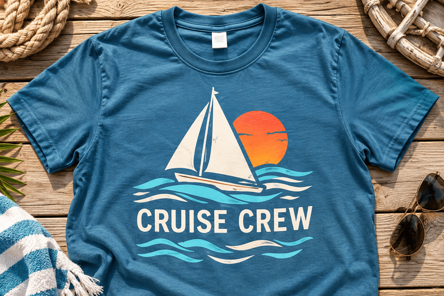 Sea-blue Cruise Crew shirt with a white sailboat, coral sun, and waves.