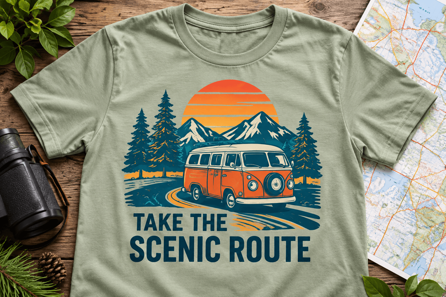 Sage Take the Scenic Route shirt with an orange campervan, mountains, and pine trees.