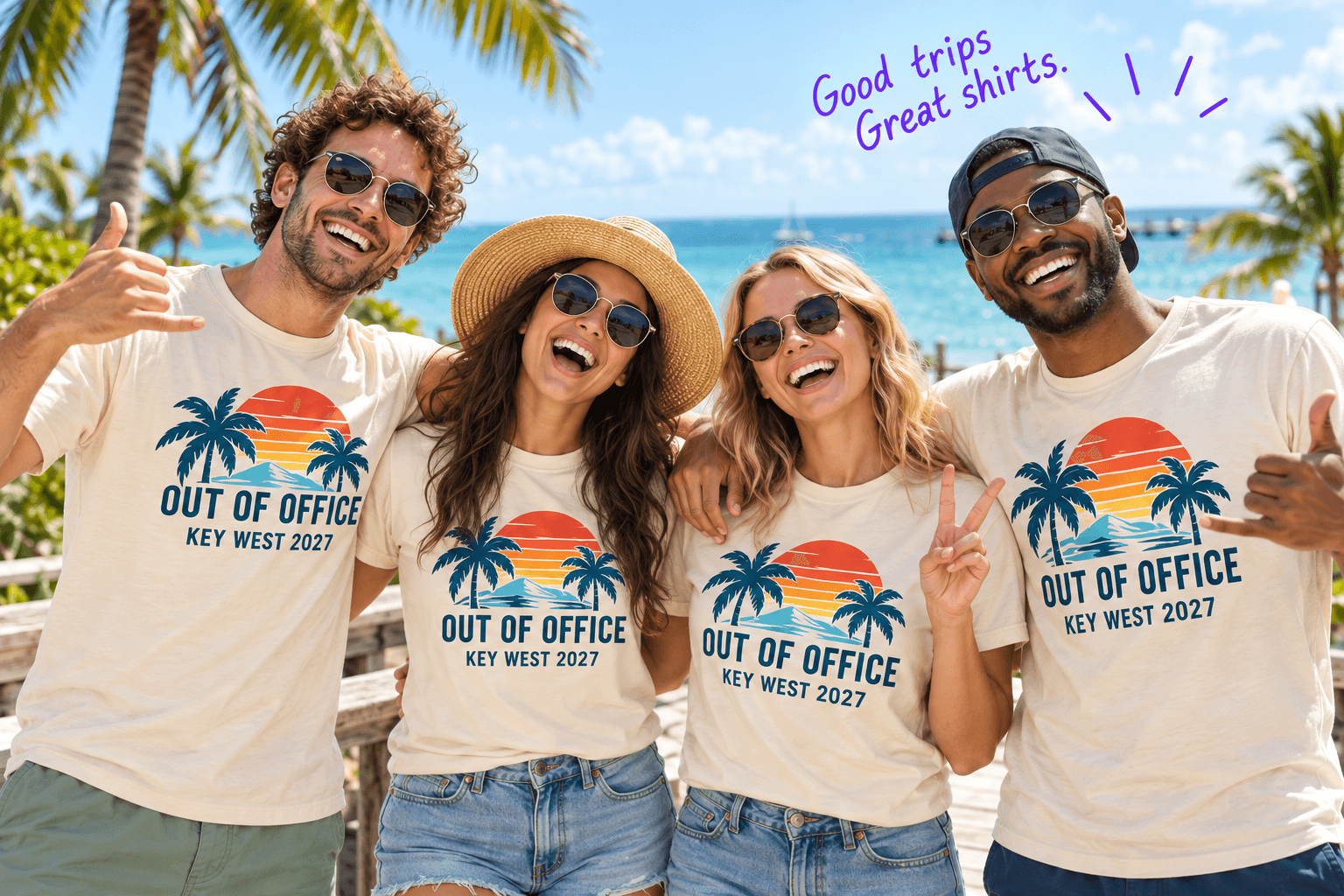 Four friends wearing matching cream Out of Office Key West shirts on a seaside boardwalk.