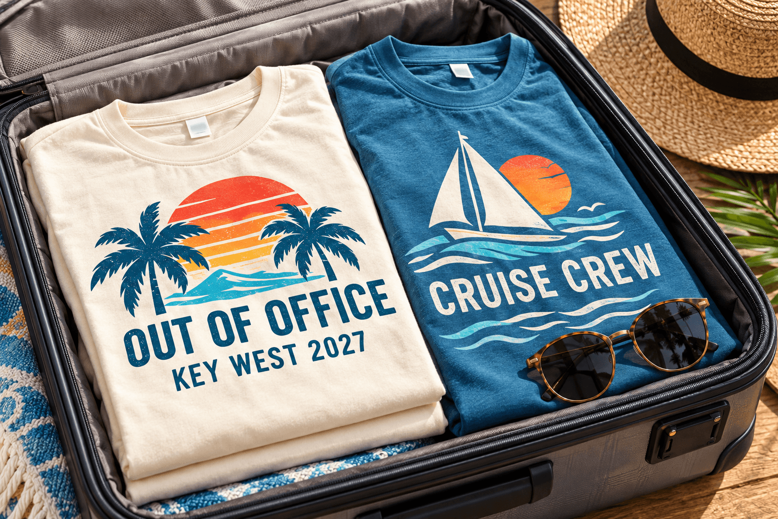 Cream Out of Office and blue Cruise Crew shirts folded in an open suitcase beside sunglasses.