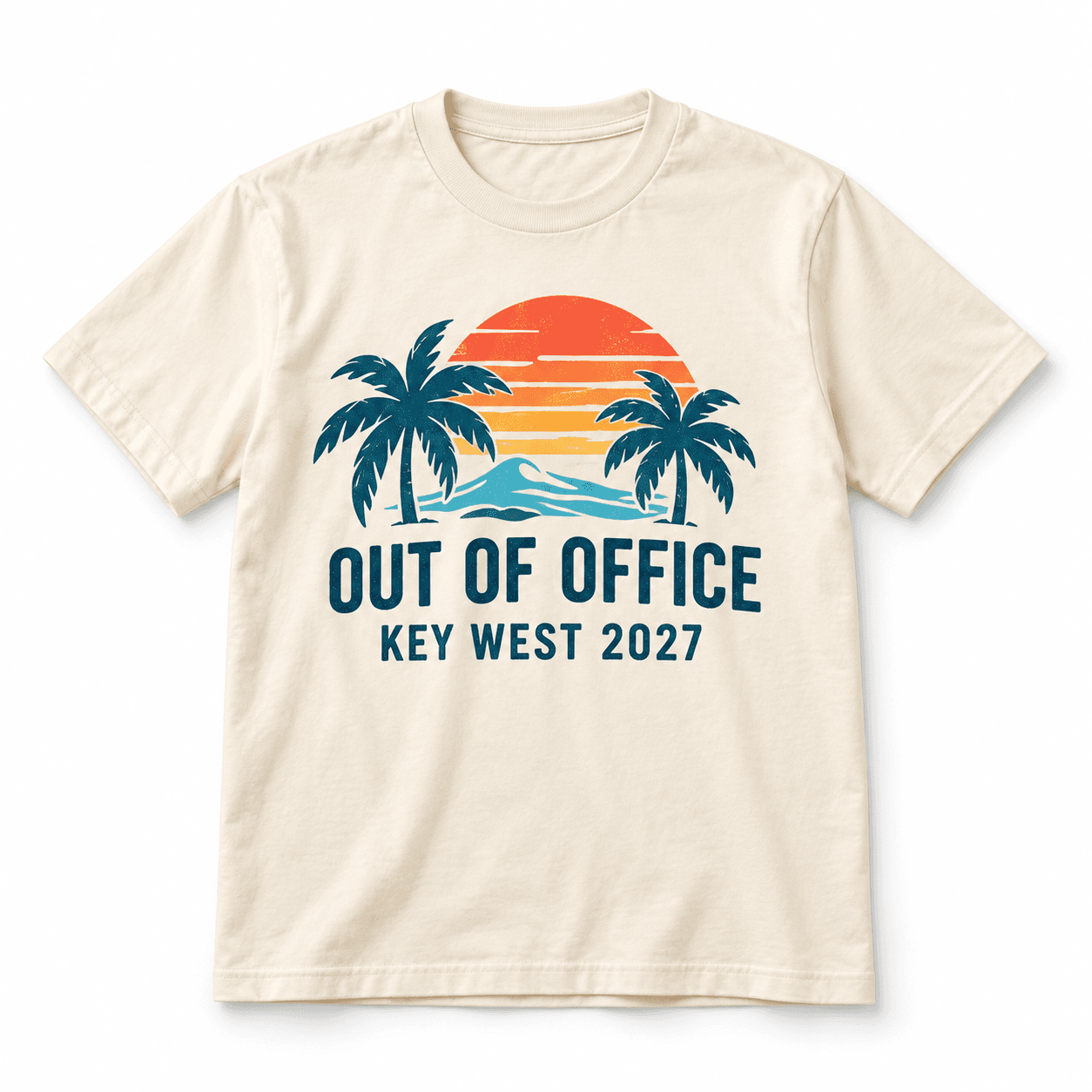 Cream Out of Office Key West 2027 shirt with a coral sunset and teal palms.
