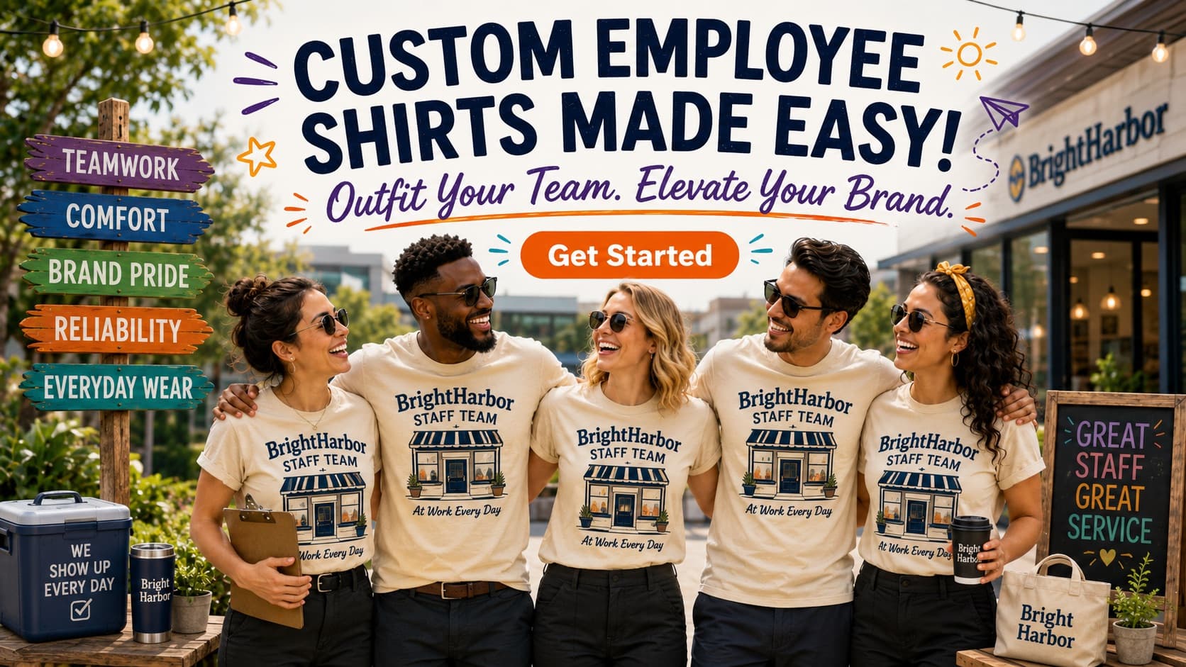 Team of professionals in matching custom company shirts and caps.