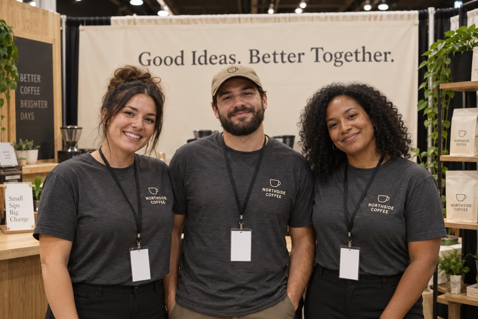Three teammates wearing matching charcoal shirts and lanyards at a trade show.