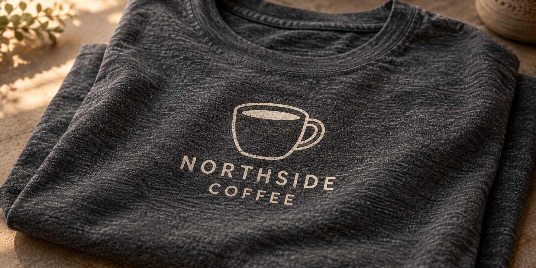 Close-up of a cream coffee-cup logo and Northside Coffee lettering printed on charcoal fabric.