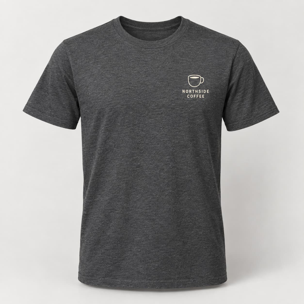Charcoal T-shirt with a small cream Northside Coffee chest print.