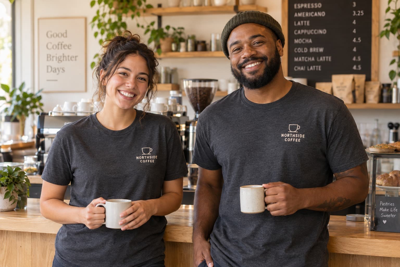 Two coffee shop employees wearing matching charcoal Northside Coffee shirts.