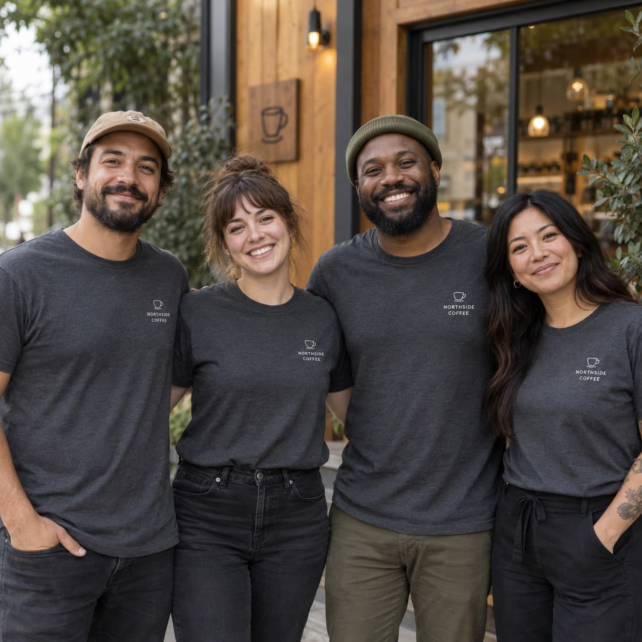 Four coffee shop teammates wearing matching charcoal Northside Coffee shirts outside their cafe.