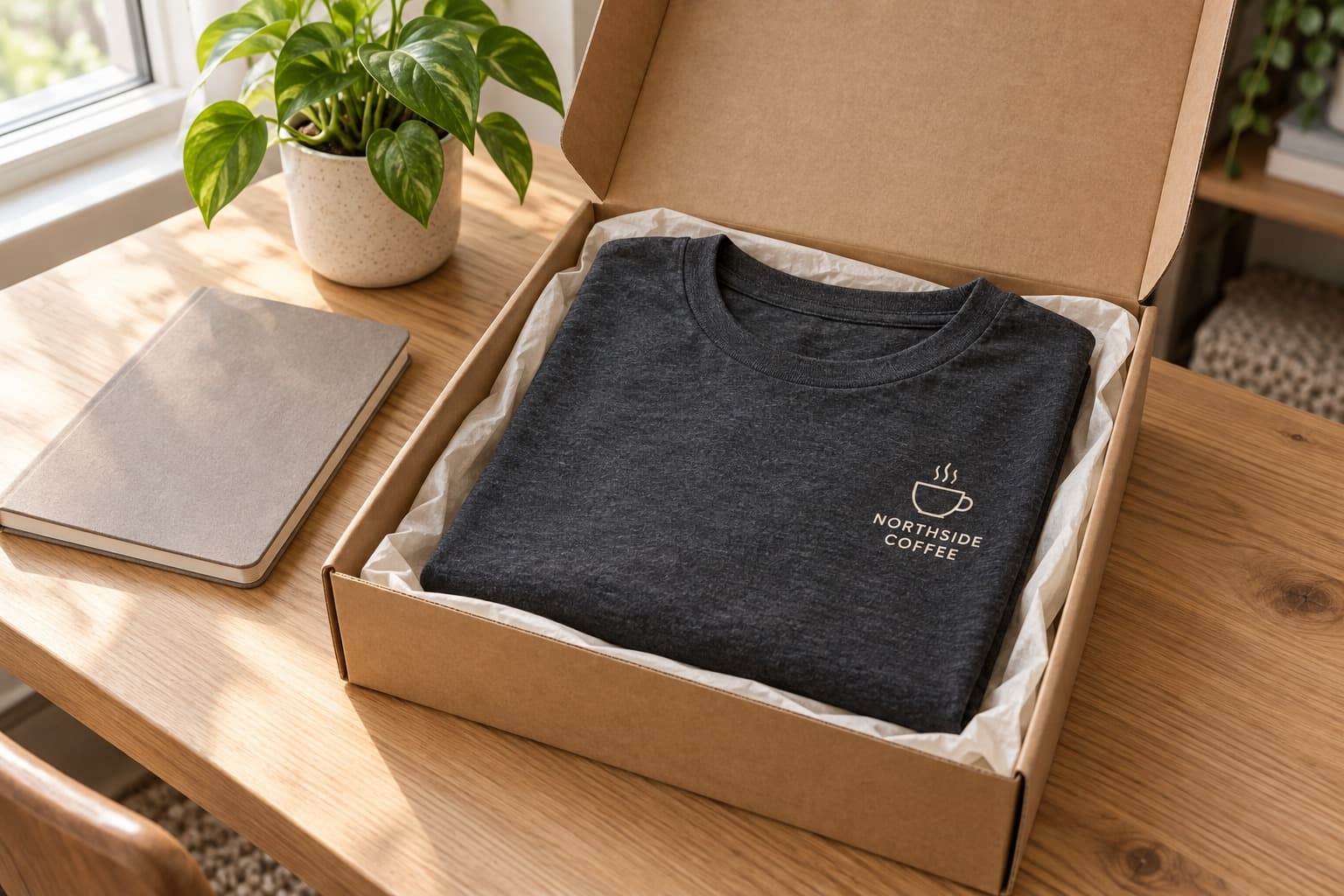 Folded charcoal Northside Coffee shirt in a new employee welcome kit.