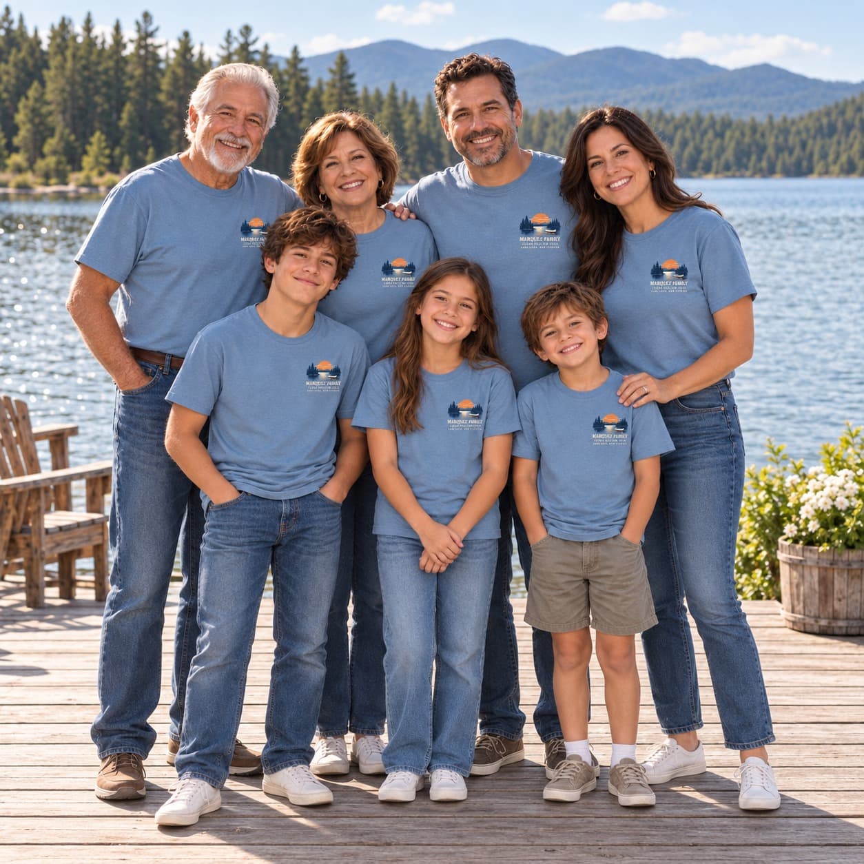 Seven relatives across three generations wearing matching blue Marquez Family shirts beside a mountain lake.