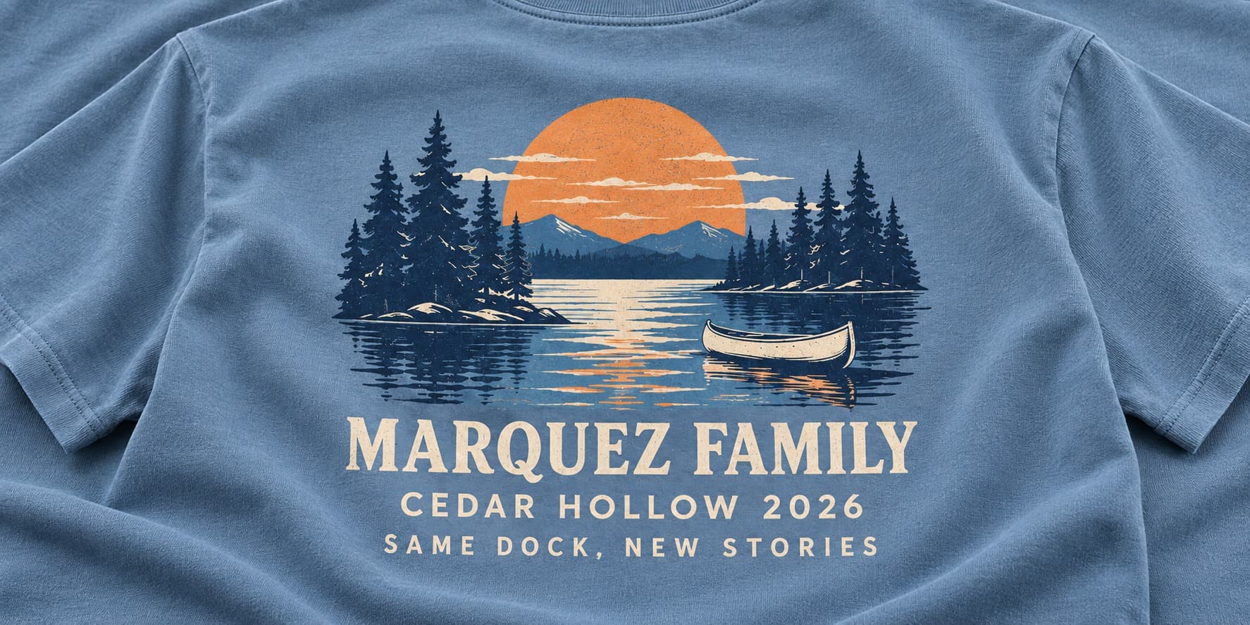 Close-up of the canoe and pine-tree print with Marquez Family, Cedar Hollow 2026, and Same Dock, New Stories on blue cotton.
