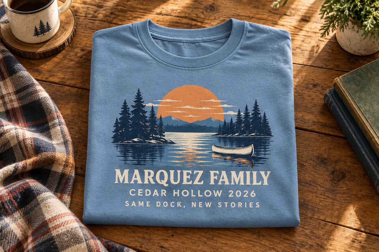 Folded blue Marquez Family reunion shirt with a canoe and sunset over Cedar Hollow lake.