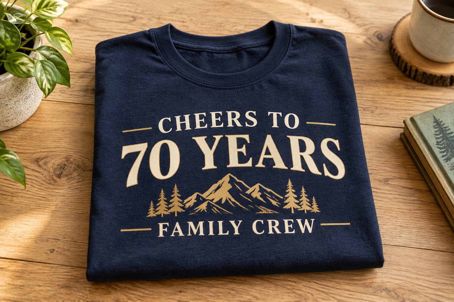 Folded navy birthday shirt with Cheers to 70 Years and Family Crew lettering.