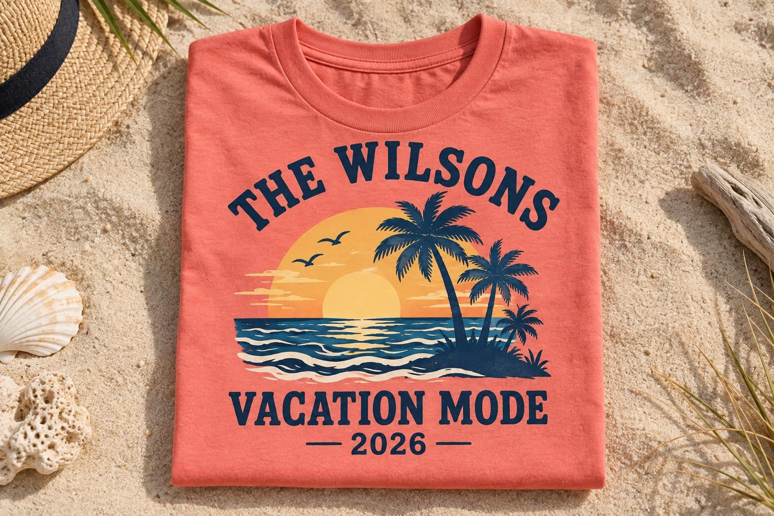 Folded coral Wilsons Vacation Mode 2026 shirt with a sunset and palm trees.