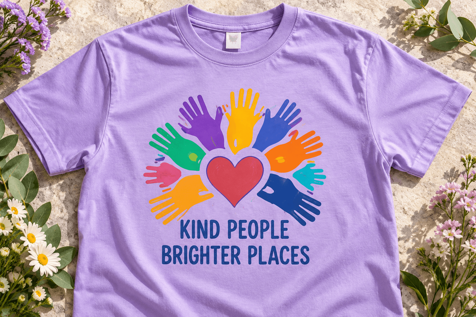 Lavender volunteer shirt with colorful helping hands, a heart, and Kind People Brighter Places print.
