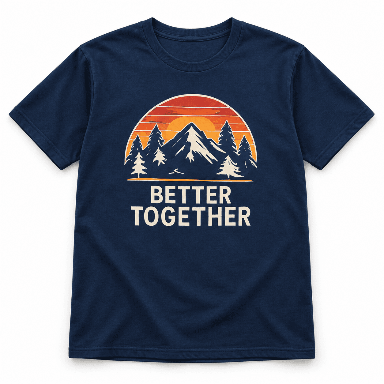 Navy Better Together group shirt with an orange sunset mountain design.