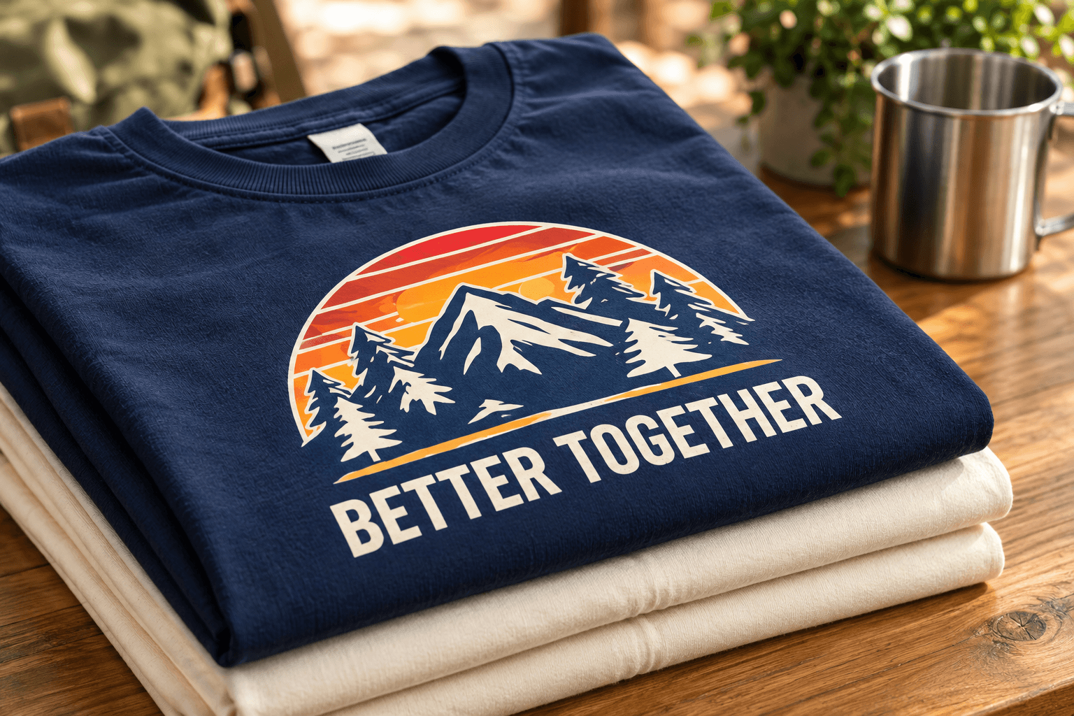 Folded navy and cream shirts with a Better Together sunset mountain design.