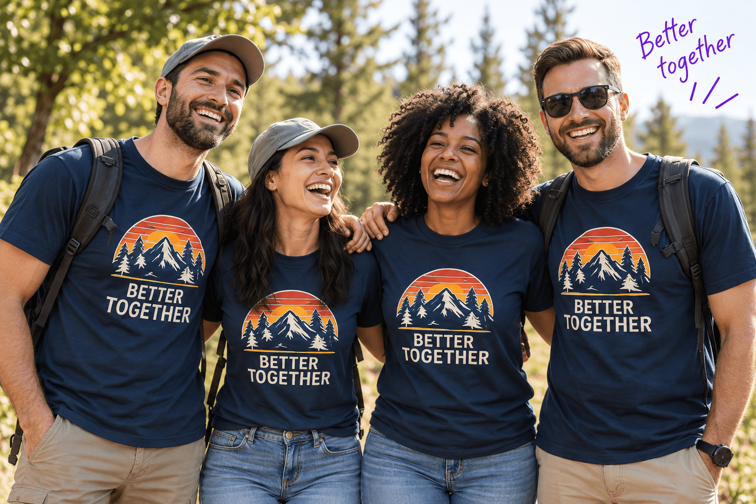 Four friends wearing matching navy Better Together mountain shirts at an outdoor group gathering.