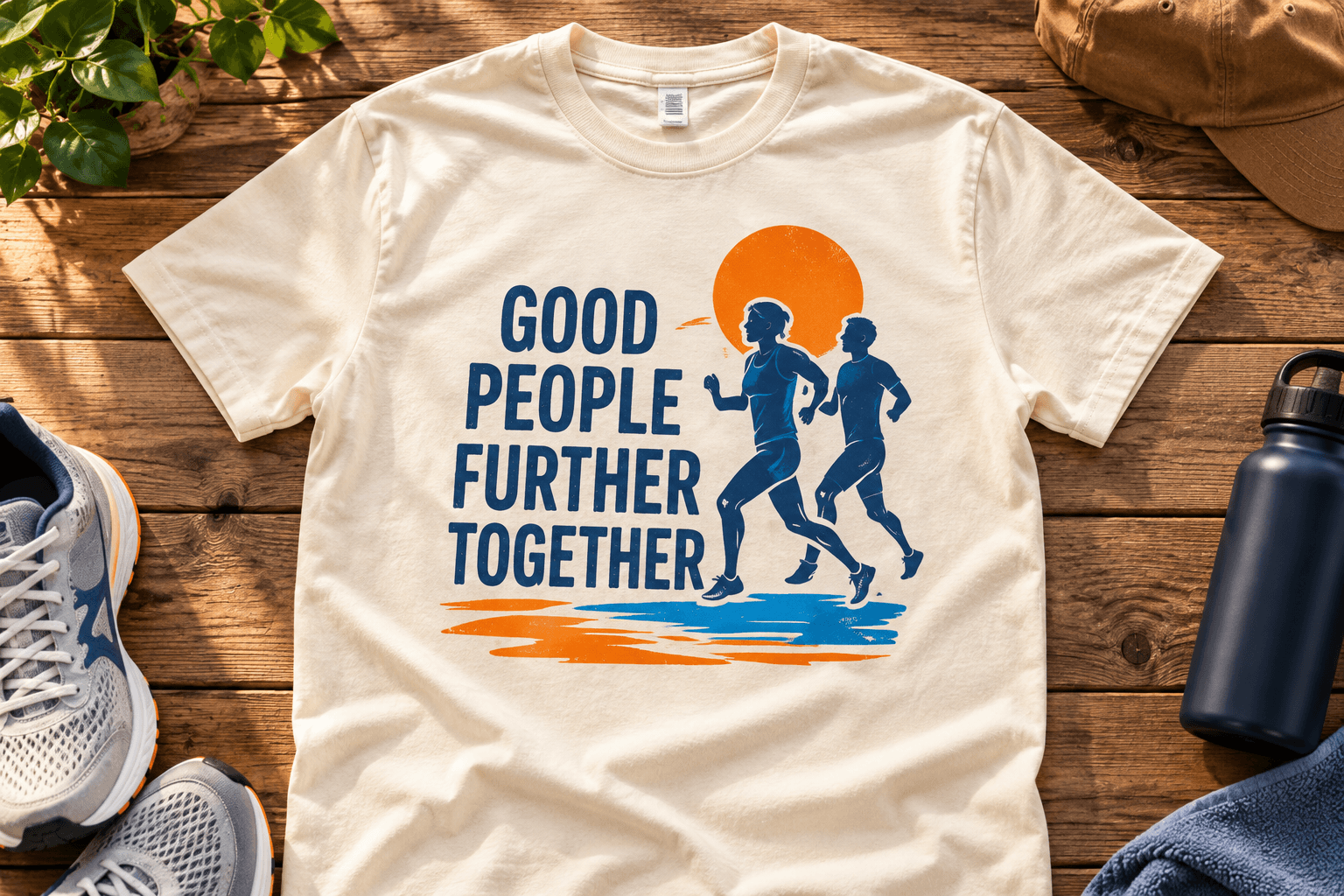 Cream running team shirt with two runners, an orange sun, and Good People Further Together print.